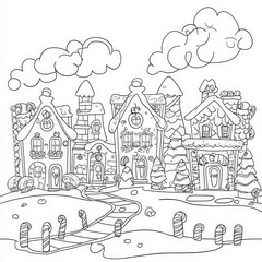 A gingerbread village with candy shops, coloring page for kids, simple outline illustration. Coloring book, simple lines.