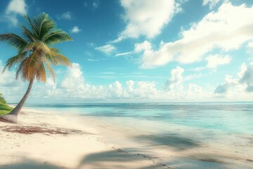 Scenic coral beach with palm tree summer sky landscape.