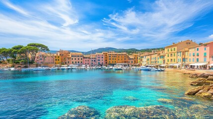 Obraz premium Colorful Coastal Village with Clear Blue Water