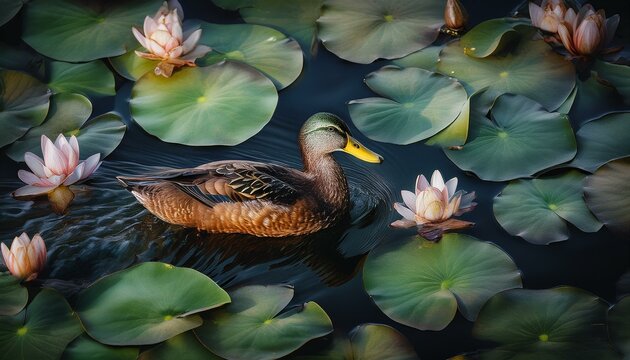 un hiper realista pato salvaje en un laguna con hojas de lirio y flores de loto