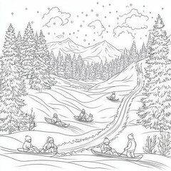 Obraz premium A snowy landscape with children sledding down hills, coloring page for kids, simple outline illustration. Coloring book, simple lines.