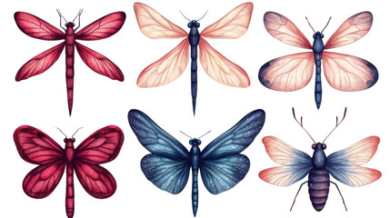 Set of Six Watercolor Insects.