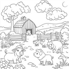 A whimsical farm with talking animals, coloring page for kids, simple outline illustration. Coloring book, simple lines.