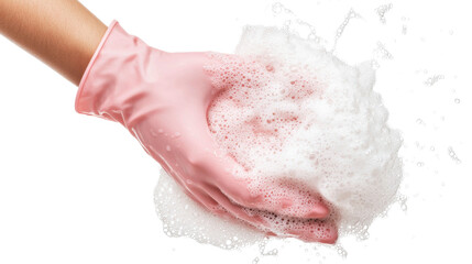 Fototapeta premium Hand in Pink Glove Holding Foam.
