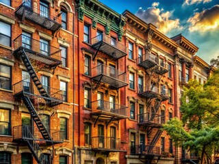 Obraz premium Old Brick Residential Buildings with Fire Escapes in Astoria Queens New York - Candid Photography