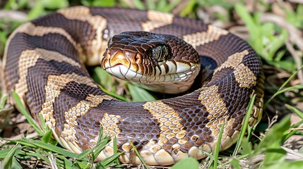 Fototapeta premium A close-up of a brown and gold-patterned snake resting on grass.