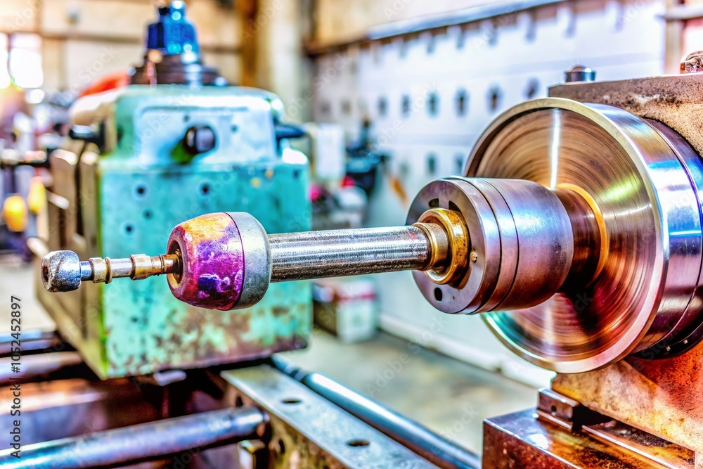 Poster old nc milling machine spindle in workshop with copy space for manufacturing insights
