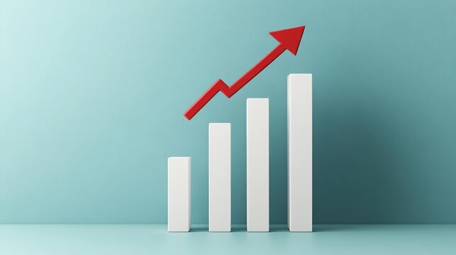 Business growth graph with a red arrow pointing up, white bars increasing in height, light blue backdrop, modern financial success concept