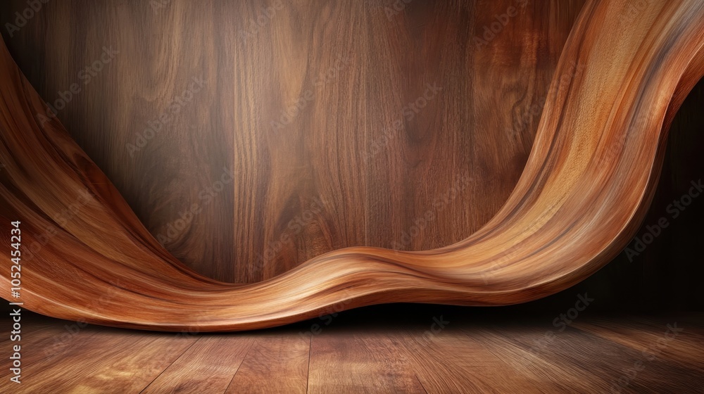 Poster an abstract artistic depiction of a wooden surface flows into gentle waves, creating a serene and ha