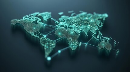 Futuristic world map with glowing nodes and connection lines, showcasing global digital communication, international network visualization