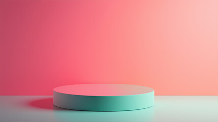 A round empty podium platform for product presentation with a pink and mint color background