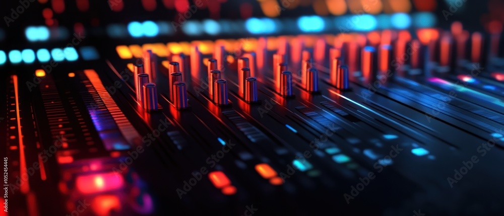 Poster a close-up of a colorful audio mixing console with illuminated controls and sliders.