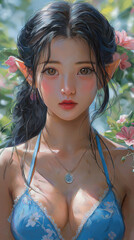 Fototapeta premium bright and colorful design featuring an elf woman in a bikini, surrounded by Christmas lights and tropical flowers, perfect for an eye-catching smartphone wallpaper