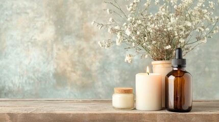 A serene and calming arrangement showing dry flowers, a lit candle, and a wellness oil bottle against a soothing backdrop, offering tranquility and peace for relaxation.