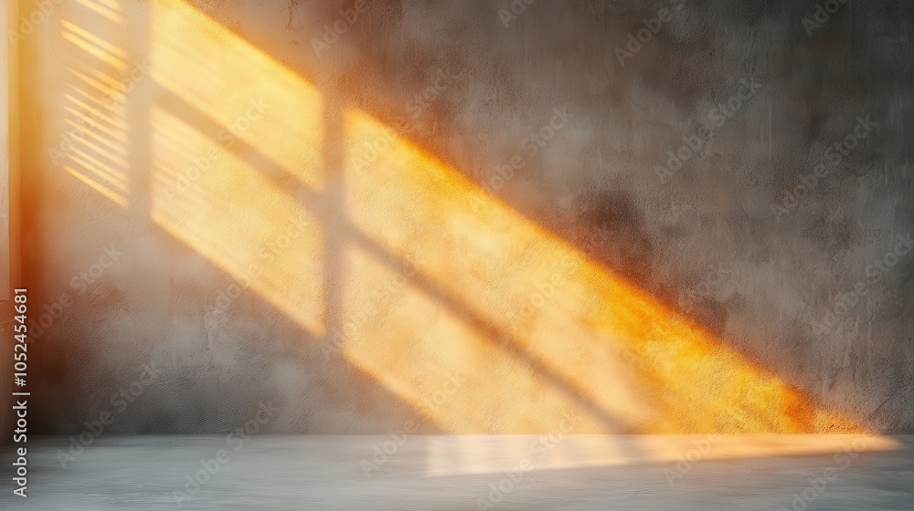 Poster soft sunlight pours through a window illuminating a concrete surface, creating a warm and inviting s