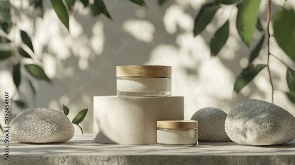 Fototapete Sunlight filters through leaves, highlighting two stylish skincare jars placed on textured surfaces. Smooth stones complement the natural aesthetic, creating a tranquil and inviting atmosphere.