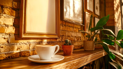 Cozy Coffee Shop Corner: Warm morning light illuminates a rustic wooden shelf, showcasing a steaming cup of cappuccino, a small cactus.