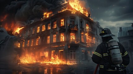 Firefighter Trying to control a building from burning , realistic image, disaster recovery, recovery