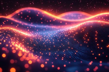 Obraz premium Abstract glowing wave of particles in red and blue hues on a dark background.