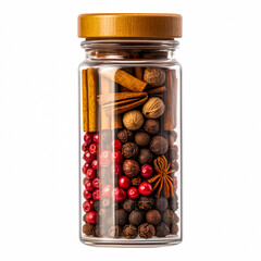 Spice Blend in Glass Jar: Aromatic mix of cinnamon sticks, peppercorns, star anise, and nutmeg in a clear glass jar with a wooden lid.  Perfect for culinary and lifestyle imagery.