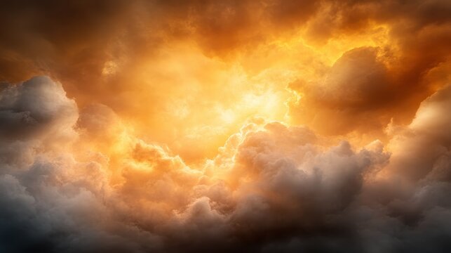 A dramatic cloudscape with swirling golden and fiery hues capturing the intensity and majestic beauty of a turbulent sky during either sunrise or sunset.