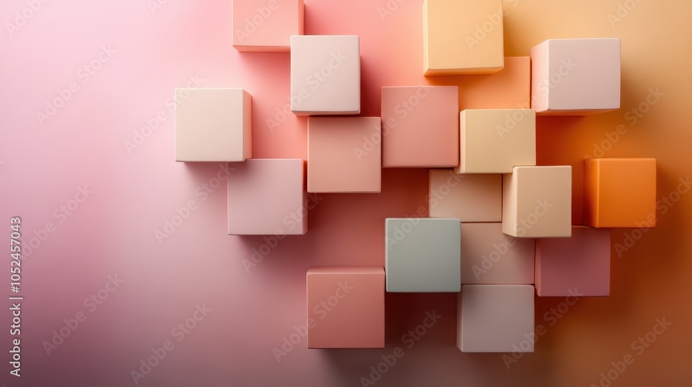 Poster a collection of soft pastel-colored blocks are arranged in an artistic pattern against a gradient pi