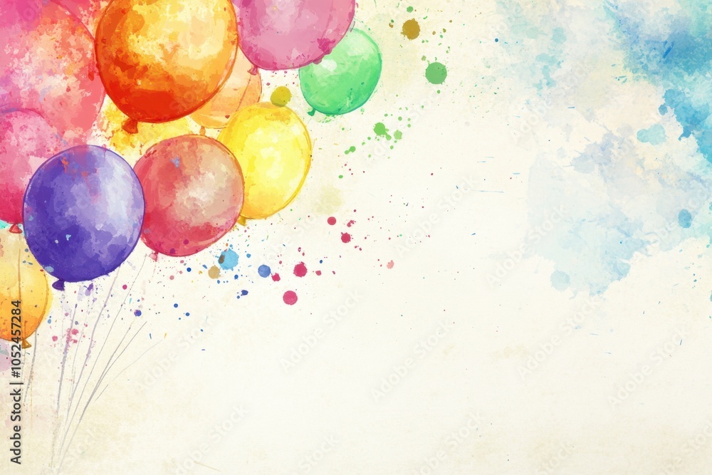 Poster a watercolor background with colorful balloons and paint splashes on the right side, leaving space f
