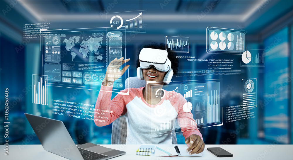 Poster girl using laptop and augmented glasses connecting metaverse while doing homework at table by using 