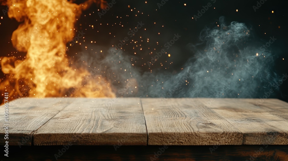 Poster a wooden table foreground with vibrant flames and sparks dramatically burning in the background, cre