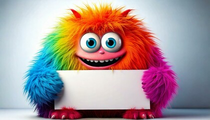 Fototapeta premium Fluffy Monster Holding A White Empty Board - generative ai, üretken yapay zeka,