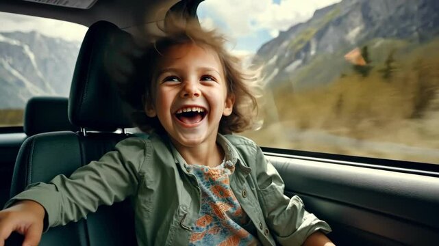 A little boy rides in a car and enjoys the views of mountains and waterfalls. Auto travel. Car trip.