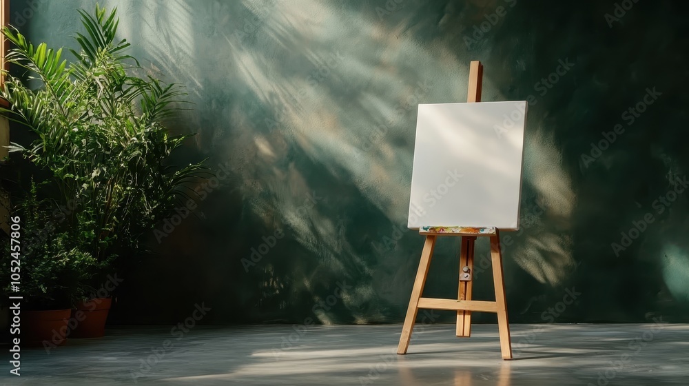 Poster in a sun-dappled corner, an empty canvas on an easel is highlighted by soft patterns of light and sh