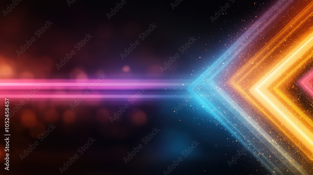 Poster dynamic and vivid digital artwork blends bright neon colors and abstract arrow shapes, sparking crea