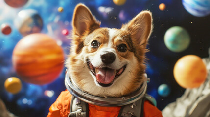A smiling dog in a space suit explores a colorful galaxy filled with planets and adventure