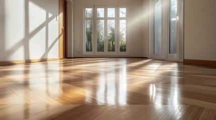 Obraz premium A spacious room with sunlight streaming through large windows, highlighting a polished wooden floor, creating a warm and inviting atmosphere for relaxation or creativity.