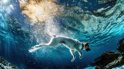 Fototapeta premium A playful dog swims in weightlessness while trying to catch its tail under a starry sky