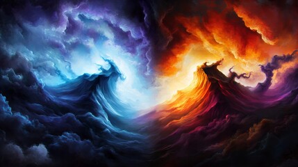 Abstract painting of blue and orange clouds clashing in a celestial battle.