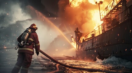 Firefighter Trying to control a Ship from burning , realistic image 