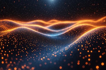 Fototapeta premium Abstract glowing waves of particles in blue and orange on a dark background.
