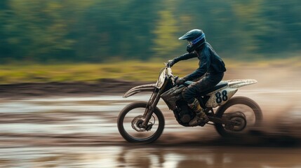 A motocross rider speeds through muddy terrain, showcasing skill and adrenaline.