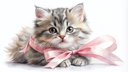 Playful Kitten with Pink Ribbon - Handdrawn Watercolor Illustration