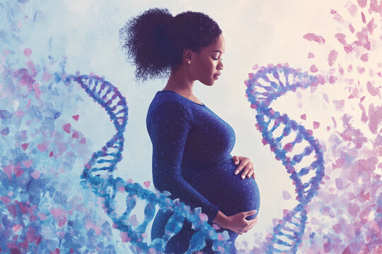 African American pregnant woman surrounded by DNA helices. Prenatal genetic testing, NIPT. Illustration