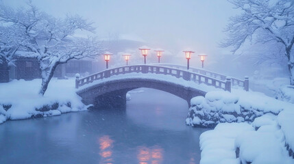 Snowy bridge over a river illuminated by lanterns during a winter blizzard