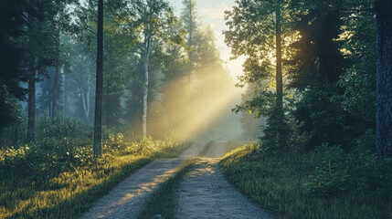Fototapeta premium Winding dirt road through a misty forest at sunrise with sunlight streaming through trees