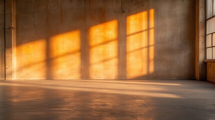 Sunset light casts warm and long shadows through industrial-style windows onto a textured concrete warehouse wall, creating a tranquil, artistic atmosphere.