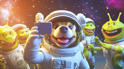 An astronaut dog enjoys a cheerful group selfie with friendly aliens in outer space