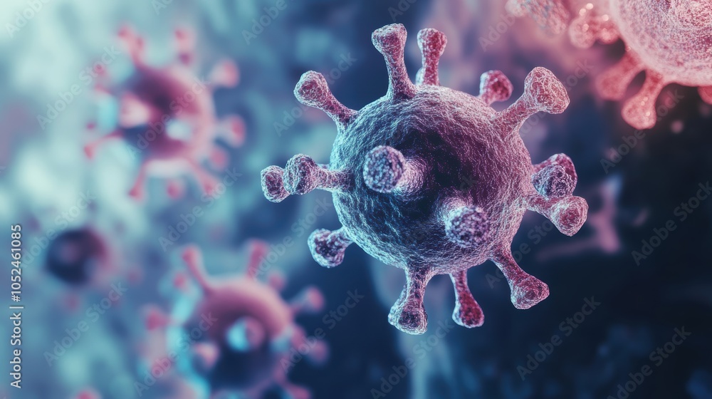 Poster close-up view of a virus structure in vibrant colors, emphasizing detail and texture.