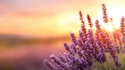Vivid lavender blossoms swaying gently in a vibrant sunset, over tranquil fields, evoking serenity, beauty, and the soothing qualities of nature at dusk.