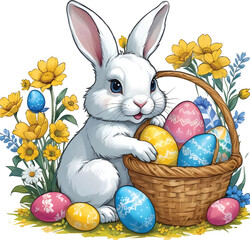 easter bunny and easter eggs, : Bunny with a basket of easter eggs, cartoon cute easter isolated on white, hand drawn easter element card background