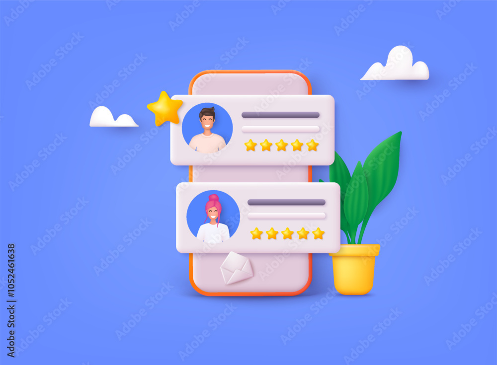 Poster people characters giving five star feedback. vector customer review concepts. reviews stars with goo